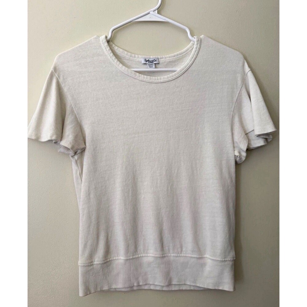 Splendid Women’s Beige Solid Knit Ruffle Flutter Sleeve Round Neck T-Shirt S